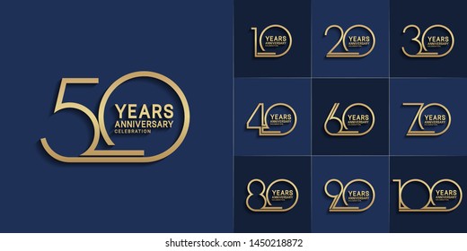 set of anniversary logotype with single line style gold color for invitation, greeting card, precious moment, and celebration event