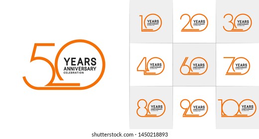 set of anniversary logotype with single line style orange color for invitation, greeting card, precious moment, and celebration event