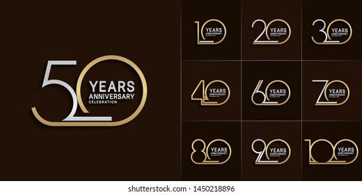 set of anniversary logotype with single line style silver and gold color for invitation, greeting card, precious moment, and celebration event