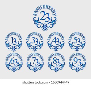 set of anniversary logotype style with blue ornament motif on white background for celebration event, wedding, greeting card, and invitation