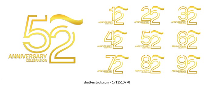 Set Set Set von Jubiläumslogotypischen Stil mit eleganter goldener Farbe einzeln auf weißem Hintergrund für Feierlichkeiten, Hochzeiten, Grußkarten und Einladung