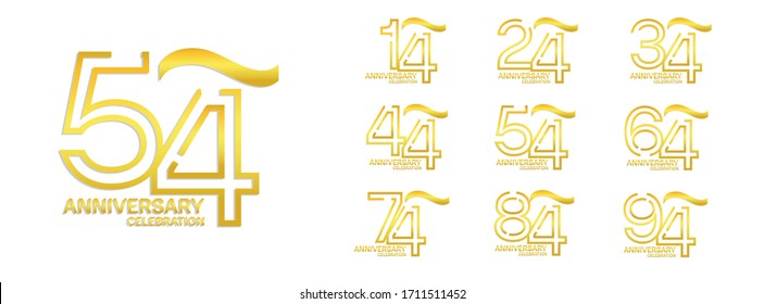 Conjunto de estilo de logotipo de aniversario con elegante color dorado aislado en fondo blanco para celebración, boda, tarjeta de saludo e invitación