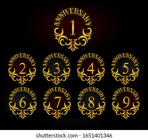 Set of anniversary logotype style with gold color ornament motif on elegant black background for celebration event, wedding, greeting card, and invitation