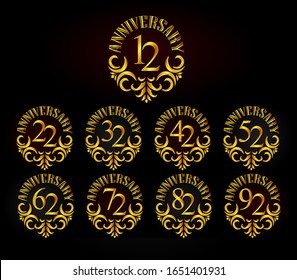 Set of anniversary logotype style with gold color ornament motif on elegant black background for celebration event, wedding, greeting card, and invitation