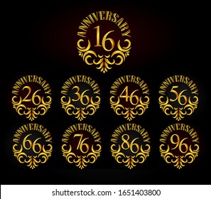 Set of anniversary logotype style with gold color ornament motif on elegant black background for celebration event, wedding, greeting card, and invitation