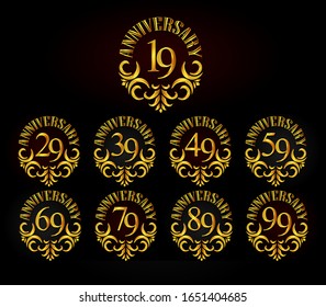 Set of anniversary logotype style with gold color ornament motif on elegant black background for celebration event, wedding, greeting card, and invitation