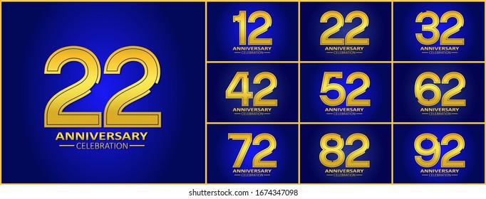 set of anniversary logotype style with golden color on elegant blue background for celebration event, wedding, greeting card, and invitation