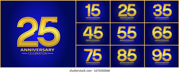 set of anniversary logotype style with golden color on elegant blue background for celebration event, wedding, greeting card, and invitation