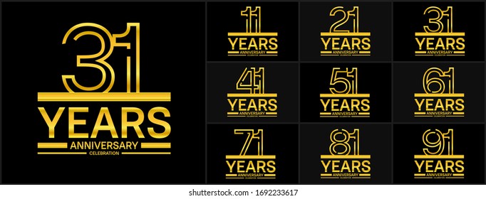Set of anniversary logotype style with golden color isolated on black background for celebration event, wedding, greeting card, and invitation