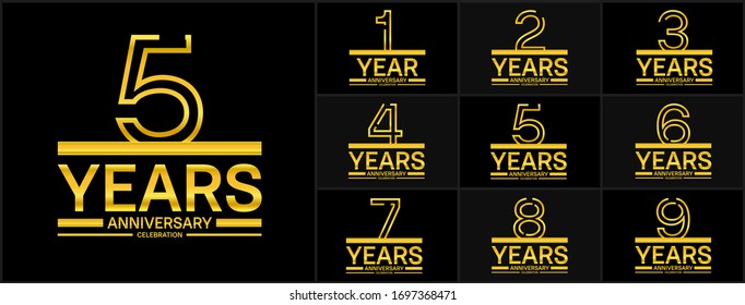Set of anniversary logotype style with golden color isolated on black background for celebration event, wedding, greeting card, and invitation