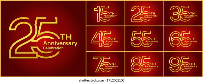 Set of anniversary logotype style with golden color isolated on red background for booklet, leaflet, magazine, brochure poster, web, invitation or greeting card. Vector illustration.