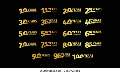 Set of anniversary logotype style with golden color for the celebration events, weddings, greeting cards, and invitation