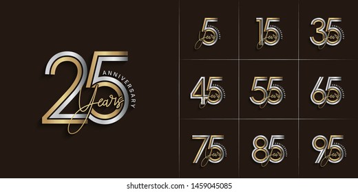 Set Of Anniversary Logotype Style With Handwriting Silver And Gold Color For Celebration Event, Wedding, Greeting Card, And Invitation