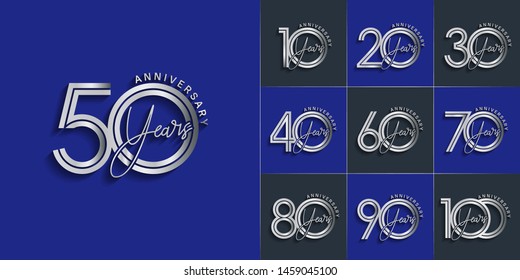 set of anniversary logotype style with handwriting silver color for celebration event, wedding, greeting card, and invitation