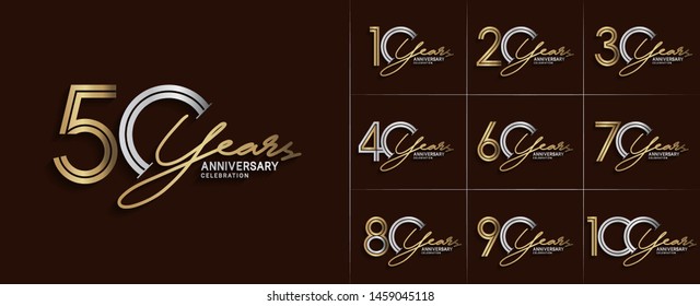 set of anniversary logotype style with handwriting silver and gold color for celebration event, wedding, greeting card, and invitation