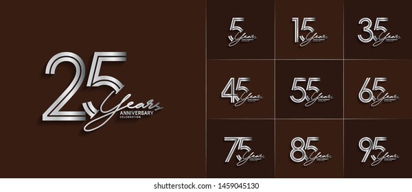 set of anniversary logotype style with handwriting silver color for celebration event, wedding, greeting card, and invitation