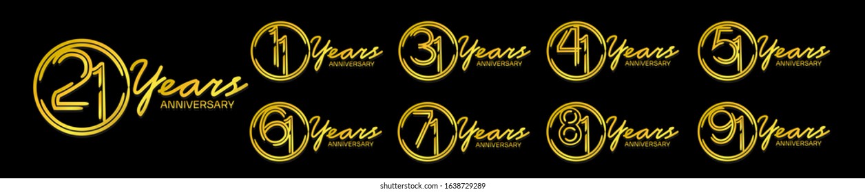 set of anniversary logotype style with handwriting golden color on elegant black background for celebration event, wedding, greeting card, and invitation