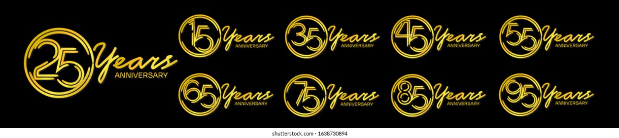 set of anniversary logotype style with handwriting golden color on elegant black background for celebration event, wedding, greeting card, and invitation