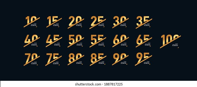 Set of anniversary logotype style with handwriting 10, 20, 30, 40, 50, 60 golden color for celebration event, wedding, greeting card, and invitation. Vector illustration. Isolated on black background.
