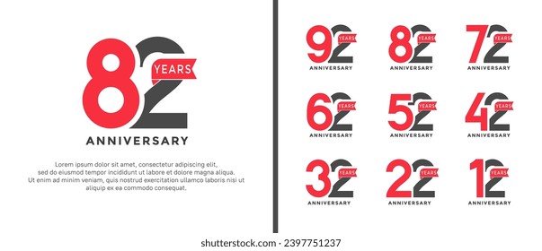 set of anniversary logotype style red and black color with red ribbon for celebration