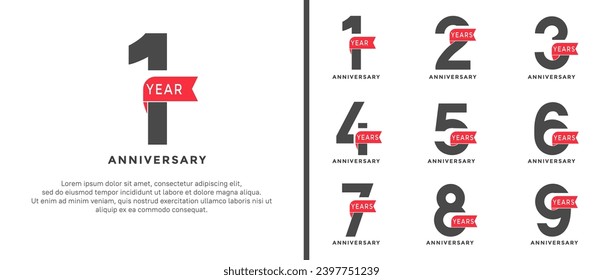 set of anniversary logotype style red and black color with red ribbon for celebration