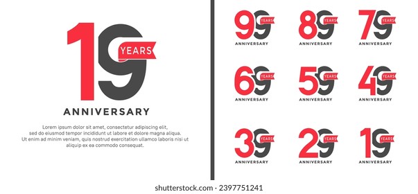 set of anniversary logotype style red and black color with red ribbon for celebration
