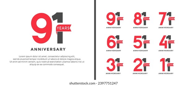 set of anniversary logotype style red and black color with red ribbon for celebration