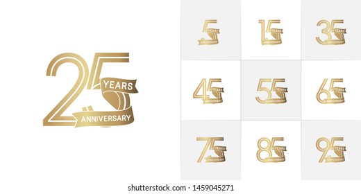 set of anniversary logotype style with ribbon golden color for celebration event, wedding, greeting card, and invitation