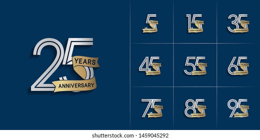 set of anniversary logotype style with ribbon silver and gold color for celebration event, wedding, greeting card, and invitation