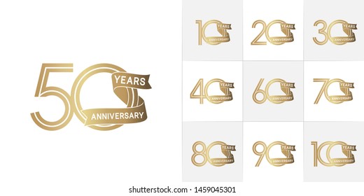 set of anniversary logotype style with ribbon golden color for celebration event, wedding, greeting card, and invitation