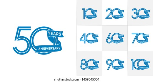 set of anniversary logotype style with ribbon blue color for celebration event, wedding, greeting card, and invitation