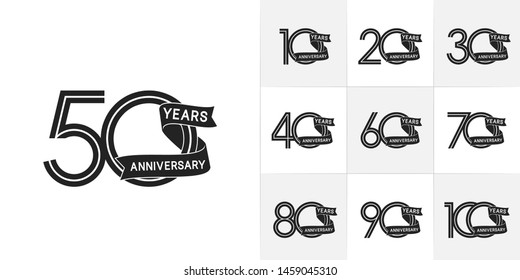 set of anniversary logotype style with ribbon black color for celebration event, wedding, greeting card, and invitation