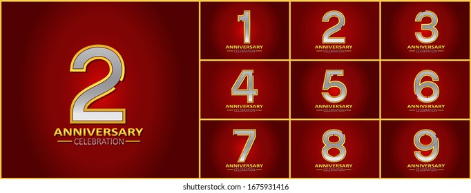 Set of anniversary logotype style with silver and gold color on elegant red background for celebration event, wedding, greeting card, and invitation