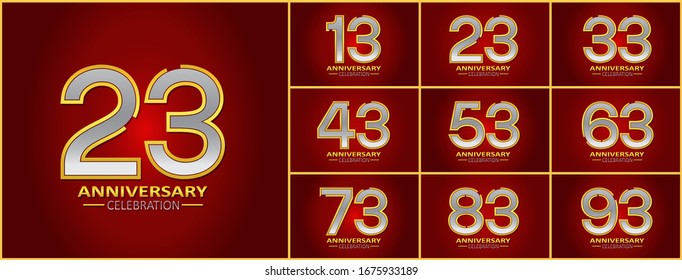 Conjunto de estilo de logotipo de aniversario con color plata y oro en elegante fondo rojo para celebración, boda, tarjeta de saludo e invitación