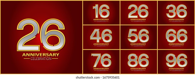 Set Set Set von Jubiläumslogotypischen Stilelementen mit Silber und Gold auf elegantem rotem Hintergrund für Feierlichkeiten, Hochzeiten, Grußkarten und Einladung