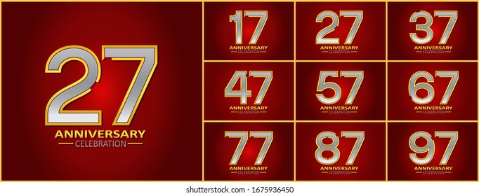 Set of anniversary logotype style with silver and gold color on elegant red background for celebration event, wedding, greeting card, and invitation
