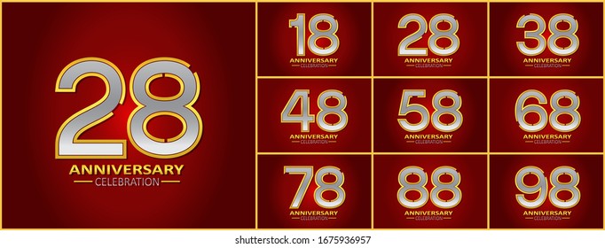 Set of anniversary logotype style with silver and gold color on elegant red background for celebration event, wedding, greeting card, and invitation