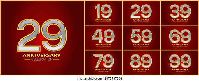 Conjunto de estilo de logotipo de aniversario con color plata y oro en elegante fondo rojo para celebración, boda, tarjeta de saludo e invitación