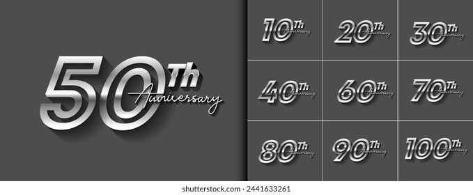 set of anniversary logotype style with silver color for celebration event, wedding, greeting card, and invitation.