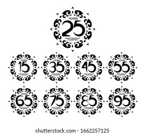 set of anniversary logotype style with tribal motifs on white background for celebration event, wedding, greeting card, and invitation