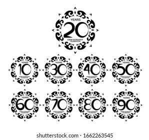 set of anniversary logotype style with tribal motifs on white background for celebration event, wedding, greeting card, and invitation