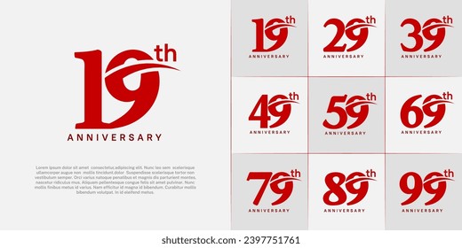 Set of Anniversary Logotype with swoosh, red color can be use for special day celebration