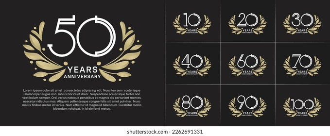 set of anniversary logotype white color and gold ornament for special celebration event