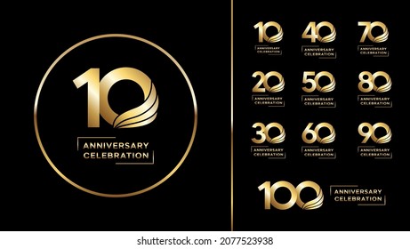 Juego de logotipo de aniversario con alas estilo de forma color oro para invitación, tarjeta de saludo, momento precioso y evento de celebración, vector, plantilla, ilustración