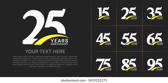 Set of Anniversary Logotype with yellow swoosh, white color can be use for special day celebration