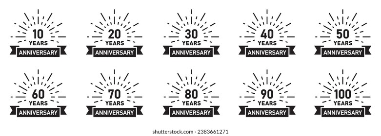 Set of anniversary logotypes. Birthday label with 10, 20, 30, 40, 50, 60, 70, 80, 90, 100 year and ribbon. Anniversary icons numbers. Vector.