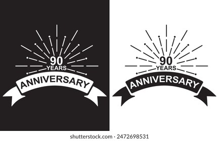 Set of anniversary logotypes. Birthday label with 90 year and ribbon. Anniversary icons numbers.  isolated black and white background. EPS 10