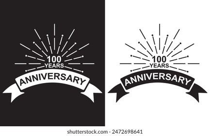 Set of anniversary logotypes. Birthday label with 100 year and ribbon. Anniversary icons numbers.  isolated black and white background. EPS 10