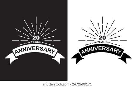 Set of anniversary logotypes. Birthday label with  20 year and ribbon. Anniversary icons numbers.  isolated black and white background. EPS 10