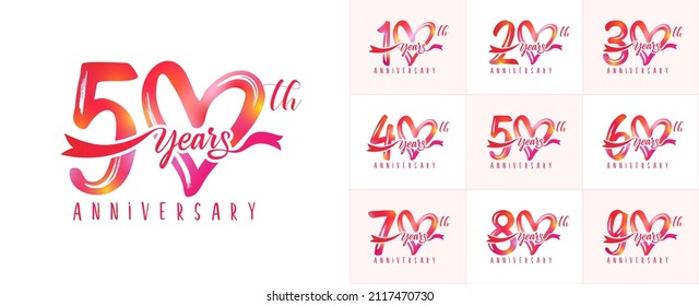 Set Of Anniversary Love Logo With Pink Handwriting For Wedding, Celebration Event. Vector Illustration For Greeting Card Or Valentine Day Invitation